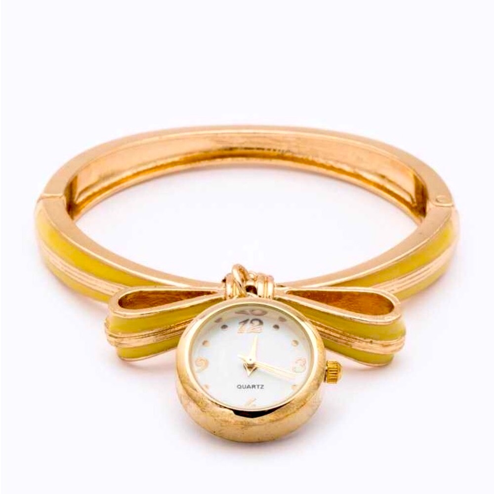 Gold & Yellow Enamel Bow Tie Fashion Bangle Watch